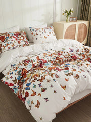 Lenjerie de pat pentru o persoana cu husa elastic pat si fata perna patrata, Mariposas, bumbac ranforce, gramaj tesatura 120 g/mp, multicolor, 3 piese