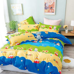 Lenjerie de pat pentru o persoana cu husa elastic pat si fata perna patrata, Tapiti, bumbac ranforce, gramaj tesatura 120 g/mp, multicolor, 3 piese