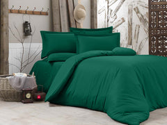 Lenjerie de pat pentru o persoana cu husa elastic pat si fata perna dreptunghiulara, Elegance, damasc, dunga 1 cm, 130 g/mp, Verde smarald, bumbac 100%, 3 piese