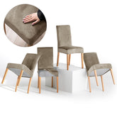 Set 4 huse pentru scaun din catifea cu elastic spatar si sezut, 190 g/m2, Sento, 48x48x58x10 cm, bej