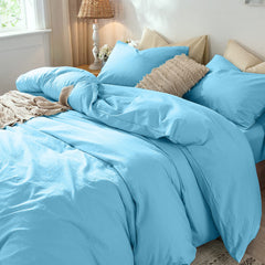 Lenjerie de pat matrimonial cu husa de perna dreptunghiulara, Azure, bumbac ranforce, gramaj tesatura 120 g/mp, 4 piese, Bleu