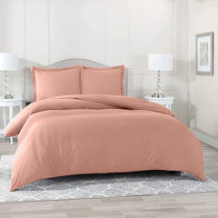 Lenjerie de pat pentru o persoana cu husa elastic pat si fata perna patrata, Sheba, bumbac ranforce, gramaj tesatura 120 g/mp, Somon, 3 piese