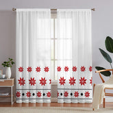 Perdea in cu broderie motiv rustic negru si rosu si rejansa din bumbac tip fagure, Eleonora, Alb