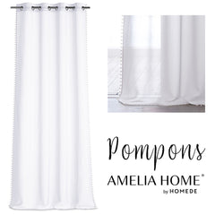 Perdea din voal si tiv decorativ cu inele, Pompons, alb