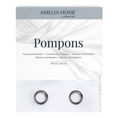 Perdea din voal si tiv decorativ cu inele, Pompons, alb