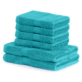 Set 6 prosoape de baie cu bordura brodata din bumbac, Bamby, 425 g/mp, 2x70x140 cm, 4x50x100 cm, turcoaz