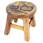 Scaunel din lemn pentru copii, sculptat si pictat manual, Bufnita cu puiul, 25.5 x 25.5 x 26.5 cm, 2.4kg