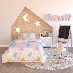 Set husa pilota si 2 huse perna din bumbac stil modern, Candy Bears, 135x200 cm, 40x60 cm, 80x80 cm, alb, 3 piese
