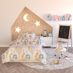 Set husa pilota si 2 huse perna din bumbac, model animalute, Safari Friends, 135x200 cm, 40x60 cm, 80x80 cm, bej, 3 piese