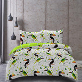 Set husa pilota si 2 huse perna din bumbac ranforce, model pasari tropicale, Ducato, 230x220 cm, 50x75 cm, verde, 3 piese