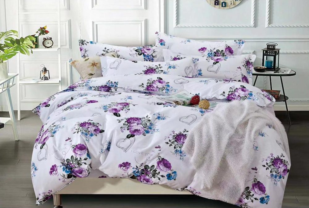 Lenjerie de pat pentru o persoana cu husa elastic pat si fata perna patrata, Maris, bumbac ranforce, gramaj tesatura 120 g/mp, multicolor, 3 piese