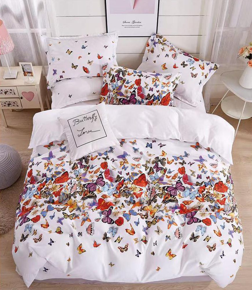 Lenjerie de pat pentru o persoana cu husa elastic pat si fata perna patrata, Mariposas, bumbac ranforce, gramaj tesatura 120 g/mp, multicolor, 3 piese