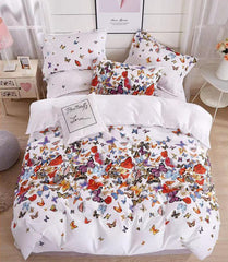 Lenjerie de pat pentru o persoana cu husa elastic pat si fata perna patrata, Mariposas, bumbac ranforce, gramaj tesatura 120 g/mp, multicolor, 3 piese