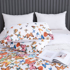 Lenjerie de pat pentru o persoana cu husa elastic pat si fata perna patrata, Mariposas, bumbac ranforce, gramaj tesatura 120 g/mp, multicolor, 3 piese
