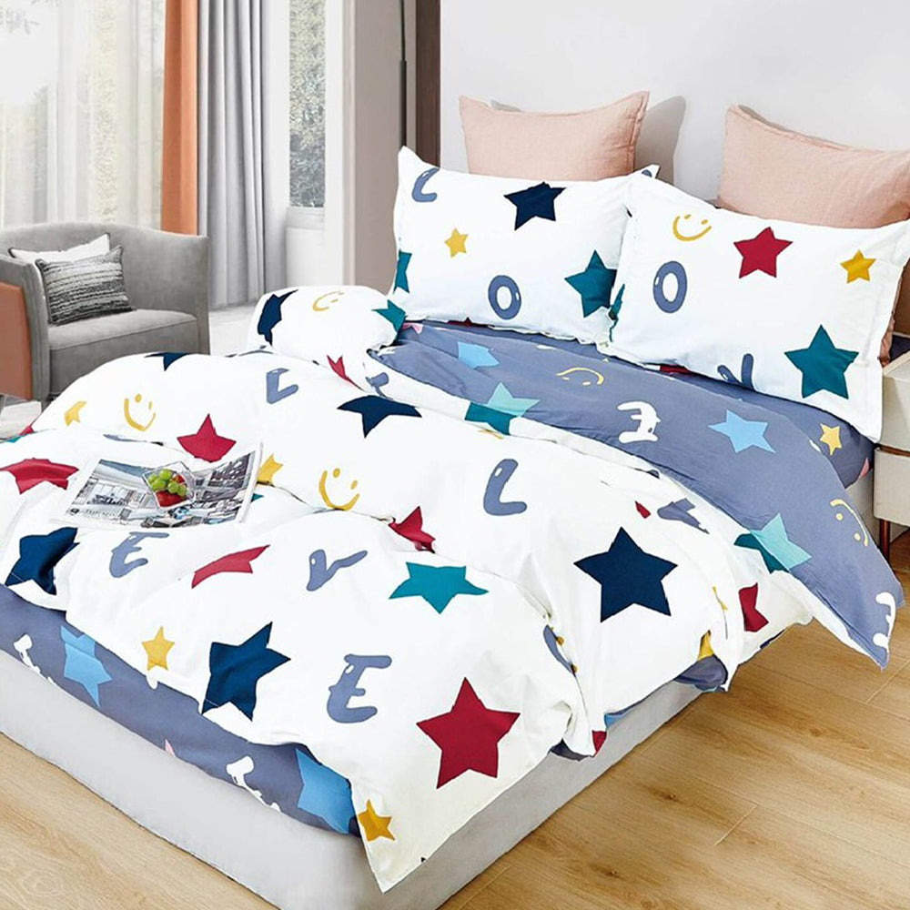 Lenjerie de pat pentru o persoana cu husa elastic pat si fata perna patrata, Jutiapa, bumbac ranforce, gramaj tesatura 120 g/mp, multicolor, 3 piese