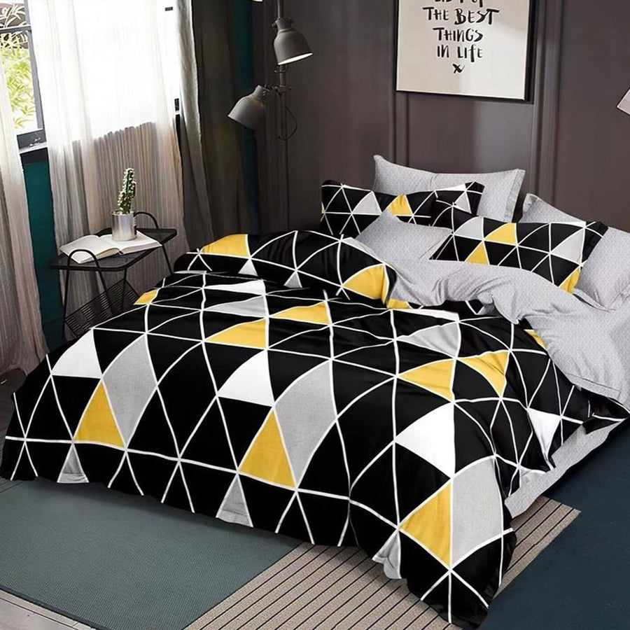 Lenjerie de pat matrimonial cu husa de perna dreptunghiulara, Becan, bumbac mercerizat, multicolor, 4 piese