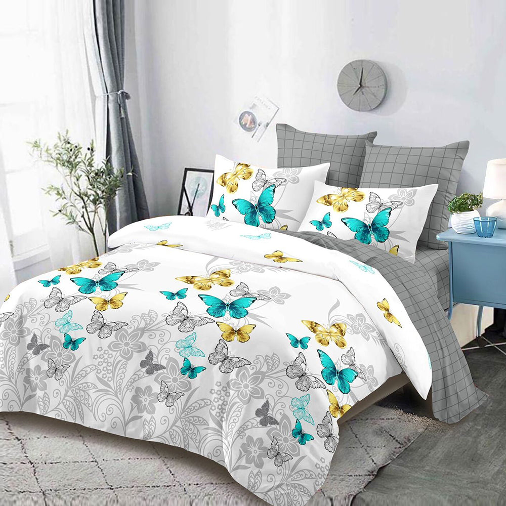 Lenjerie de pat pentru o persoana cu husa elastic pat si fata perna patrata, Inma, bumbac mercerizat, multicolor, 3 piese