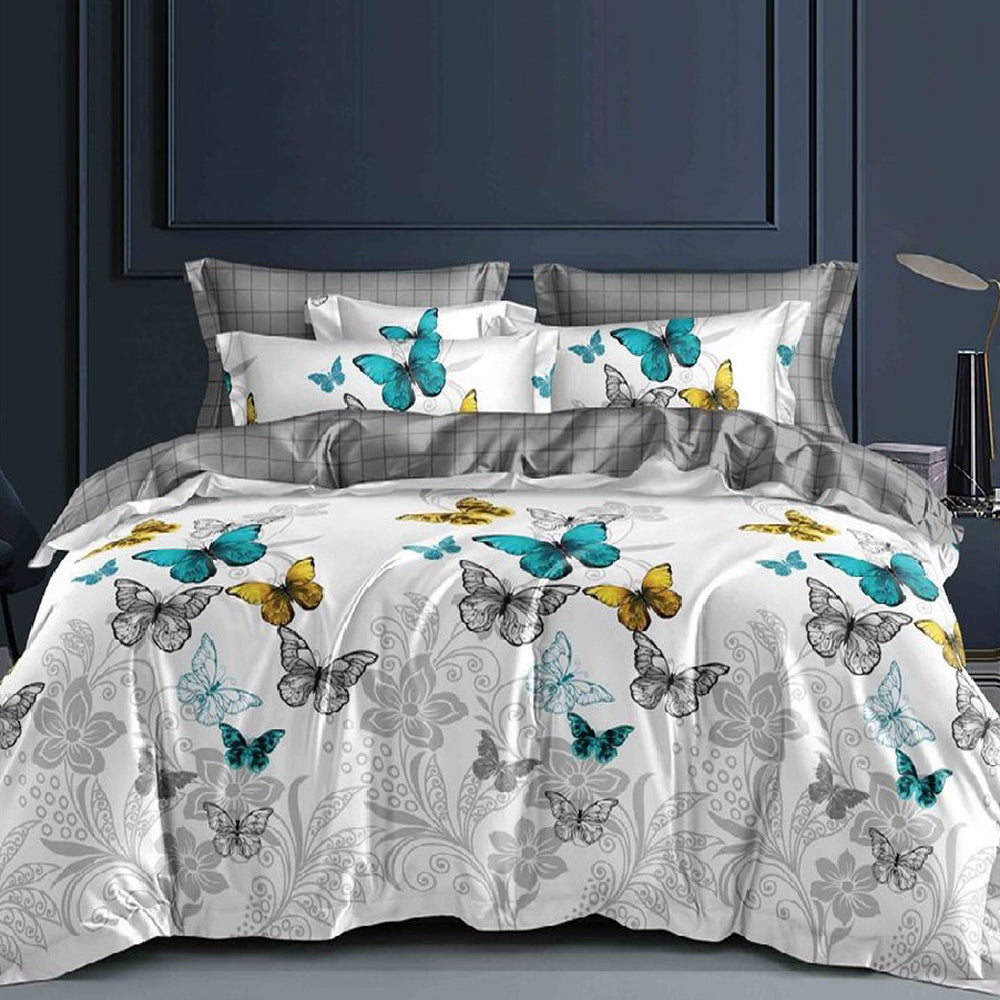 Lenjerie de pat pentru o persoana cu husa elastic pat si fata perna patrata, Inma, bumbac mercerizat, multicolor, 3 piese