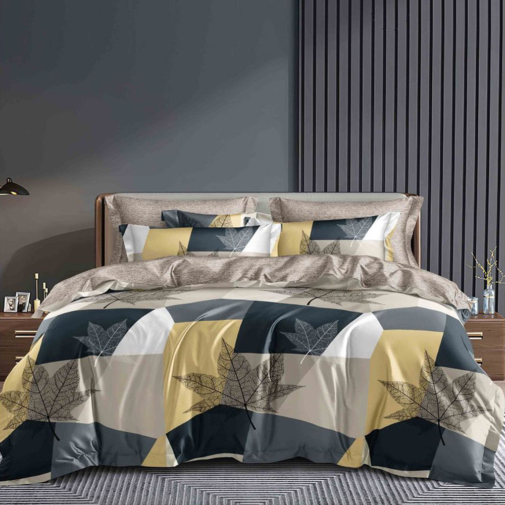Lenjerie de pat matrimonial cu husa de perna dreptunghiulara, Caila, bumbac mercerizat, multicolor, 4 piese