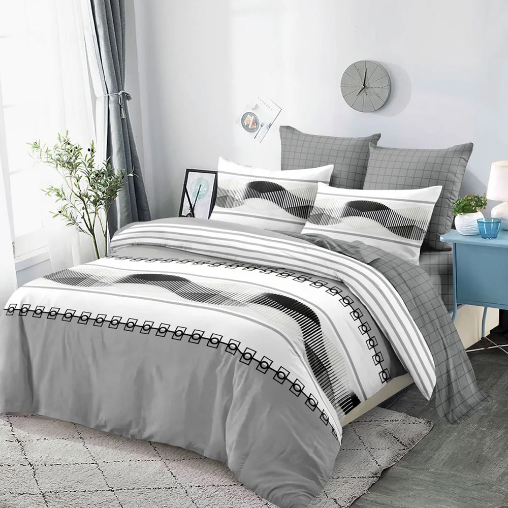 Lenjerie de pat matrimonial cu husa de perna dreptunghiulara, Ainmire, bumbac mercerizat, multicolor, 4 piese
