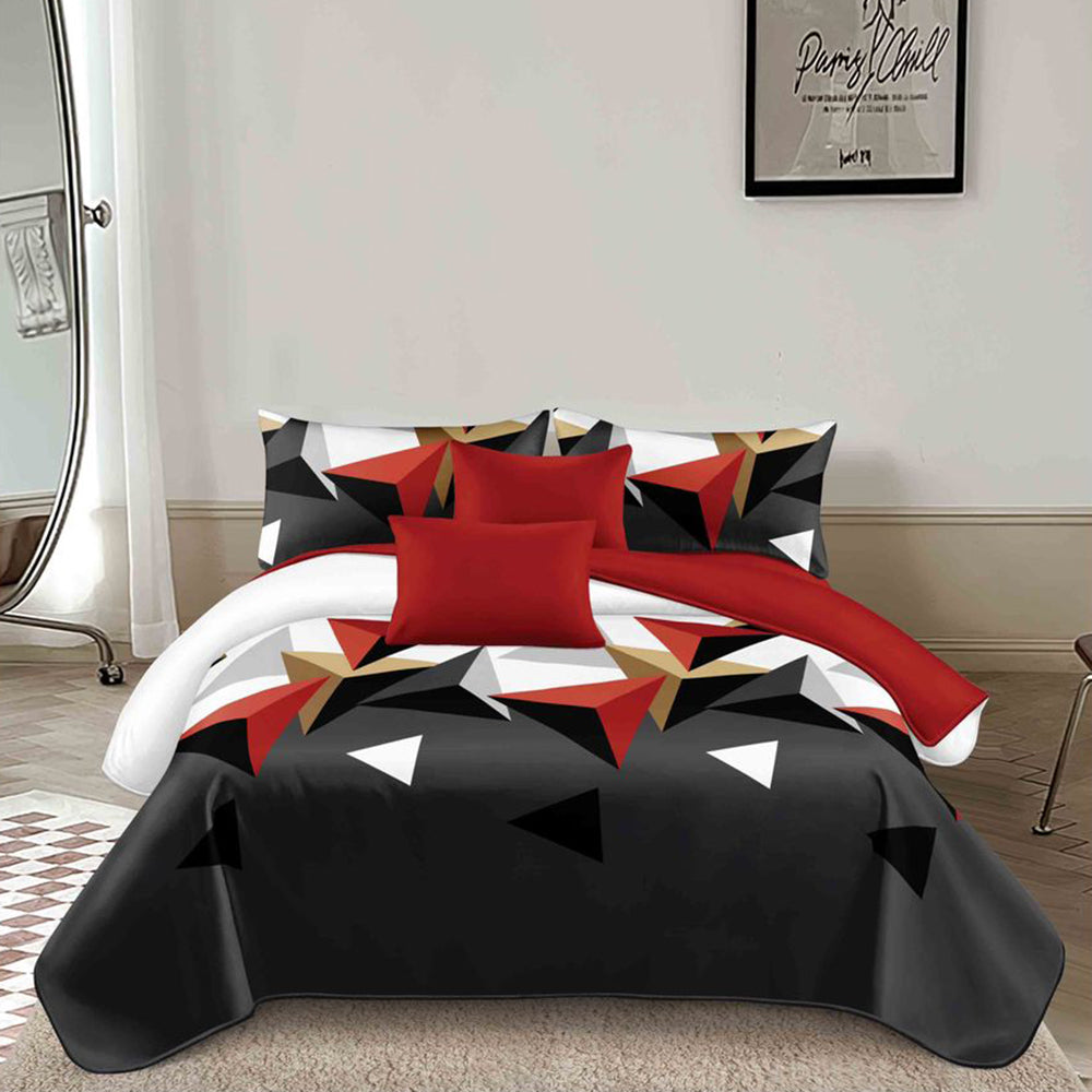 Lenjerie de pat matrimonial cu husa de perna dreptunghiulara, Rava, bumbac mercerizat, multicolor, 4 piese