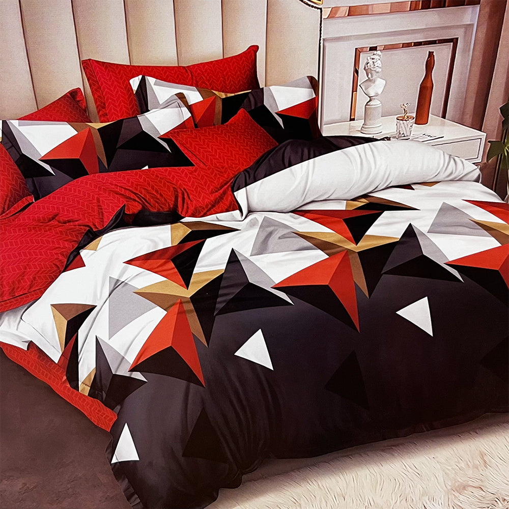 Lenjerie de pat matrimonial cu husa de perna dreptunghiulara, Rava, bumbac mercerizat, multicolor, 4 piese