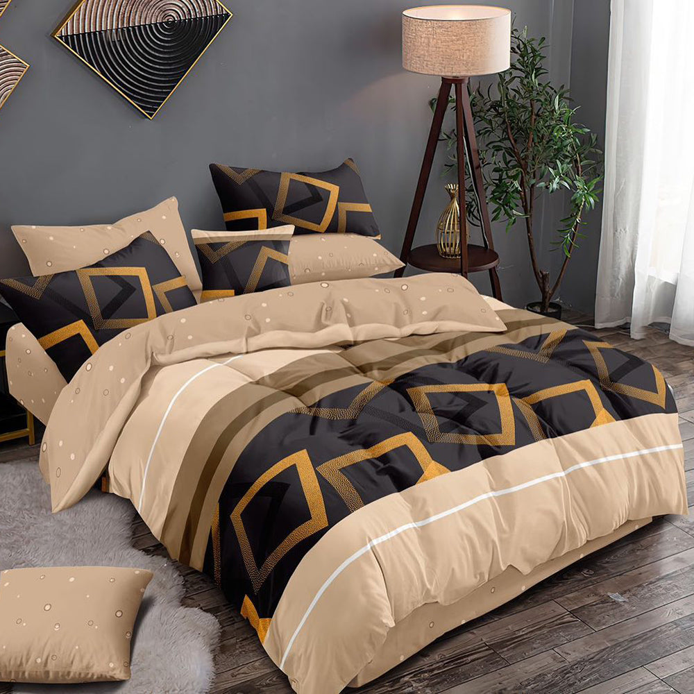 Lenjerie de pat pentru o persoana cu husa elastic pat si fata perna patrata, Myndus, bumbac mercerizat, multicolor, 3 piese