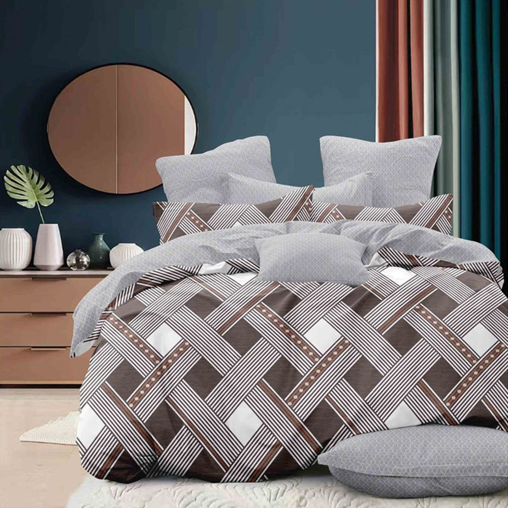 Lenjerie de pat matrimonial cu husa de perna dreptunghiulara, Amfipolis, bumbac mercerizat, multicolor, 4 piese