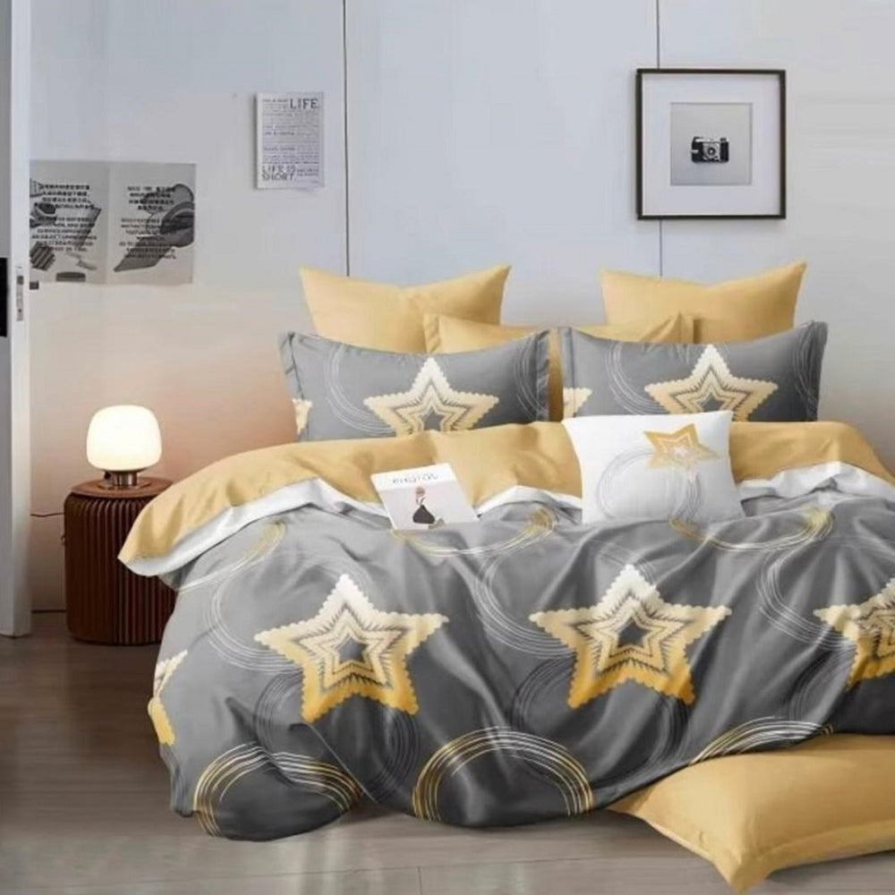 Lenjerie de pat pentru o persoana cu husa elastic pat si fata perna patrata, Stelaria, bumbac mercerizat, multicolor, 3 piese
