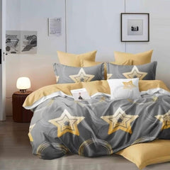 Lenjerie de pat pentru o persoana cu husa elastic pat si fata perna patrata, Stelaria, bumbac mercerizat, multicolor, 3 piese
