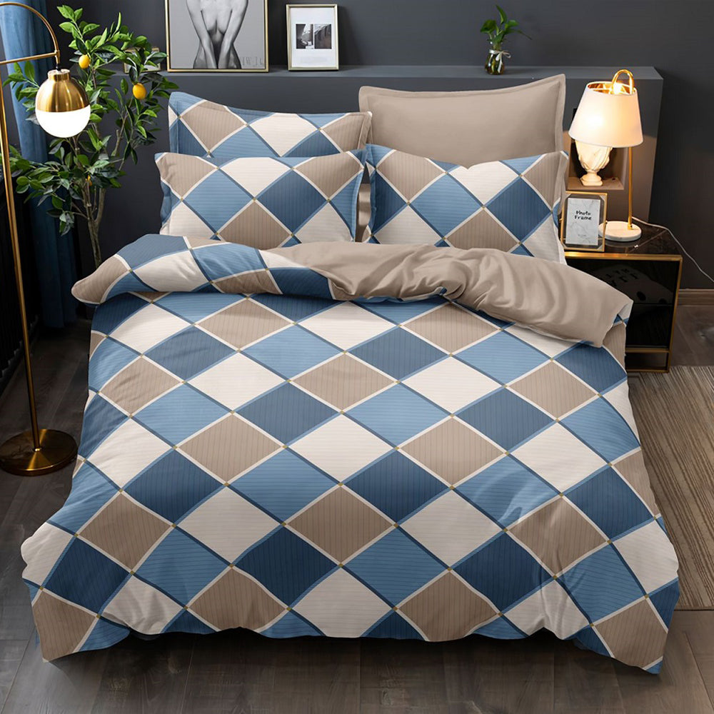 Lenjerie de pat pentru o persoana cu husa elastic pat si fata perna patrata, Thora, bumbac mercerizat, multicolor, 3 piese