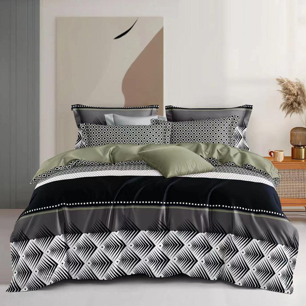 Lenjerie de pat pentru o persoana cu husa elastic pat si fata perna patrata, Kadoma, bumbac mercerizat, multicolor, 3 piese
