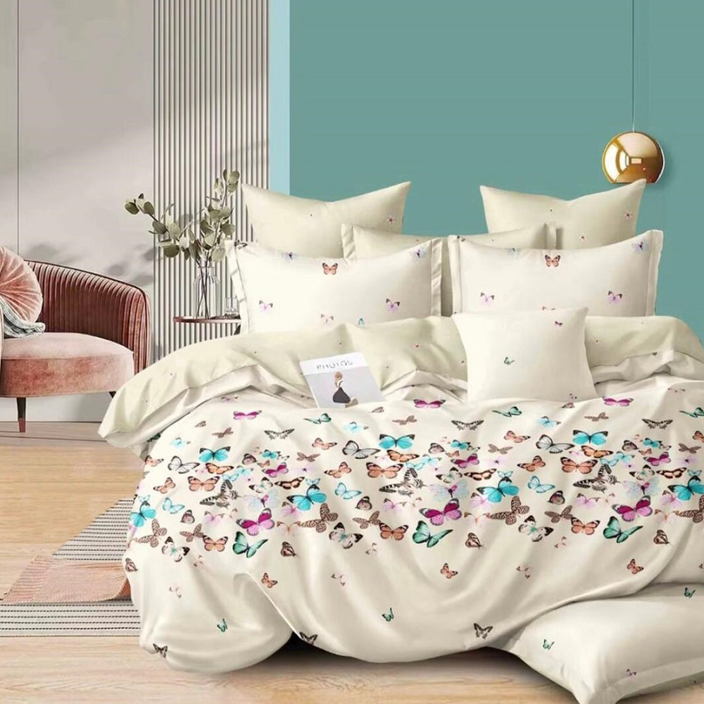 Lenjerie de pat matrimonial cu husa de perna patrata, Perhoset, bumbac mercerizat, multicolor, 4 piese