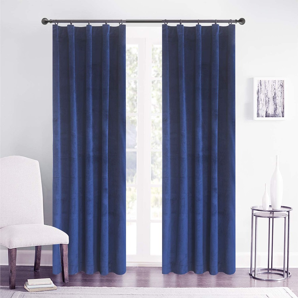 Set draperii din catifea cu rejansa din bumbac tip fagure, Madison, densitate 700 g/ml, Albastru, 2 buc