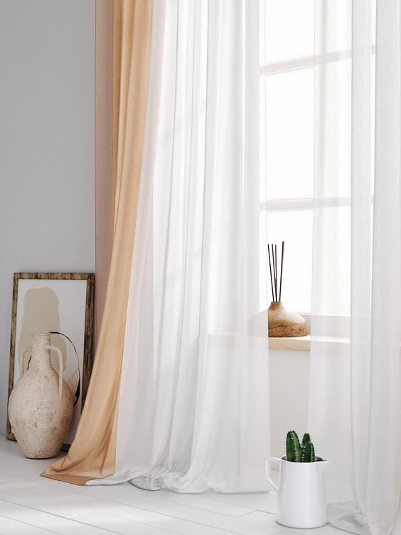 Set perdea tip matase cu rejansa transparenta cu 7 buzunare tip creion, Premium, alb sidefat, 2 buc