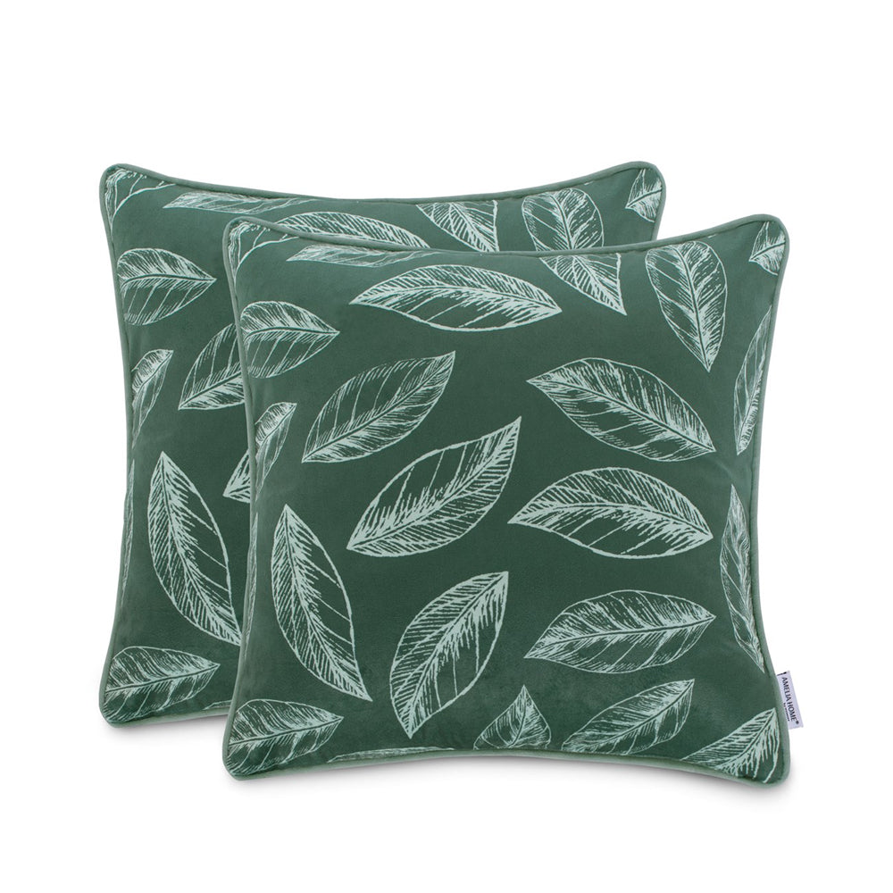 Set 2 huse pernute decorative din catifea cu motiv frunze, Calm, Verde