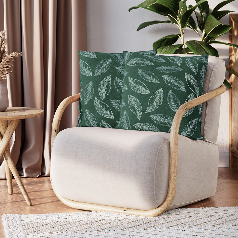 Set 2 huse pernute decorative din catifea cu motiv frunze, Calm, Verde