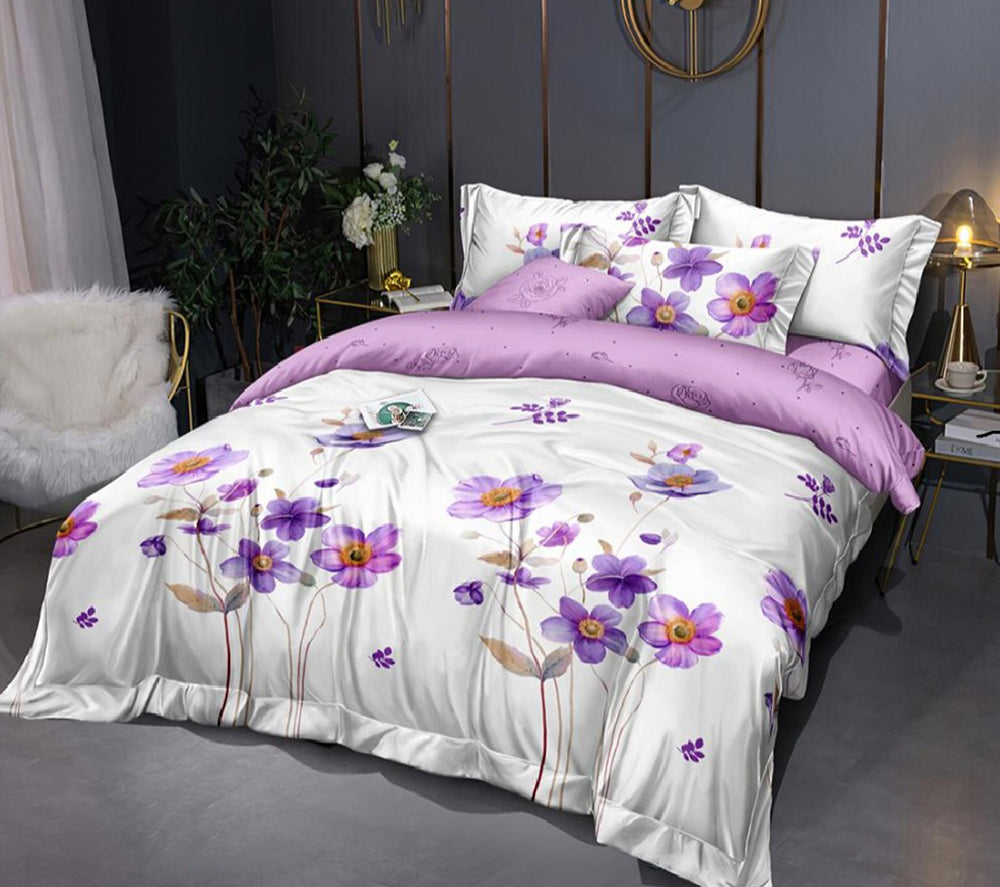 Lenjerie de pat pentru o persoana cu husa elastic pat si fata perna patrata, Eolande, bumbac mercerizat, multicolor, 3 piese