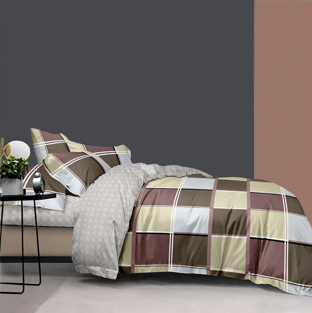 Lenjerie de pat matrimonial cu husa de perna dreptunghiulara, Dalmar, bumbac mercerizat, multicolor, 4 piese