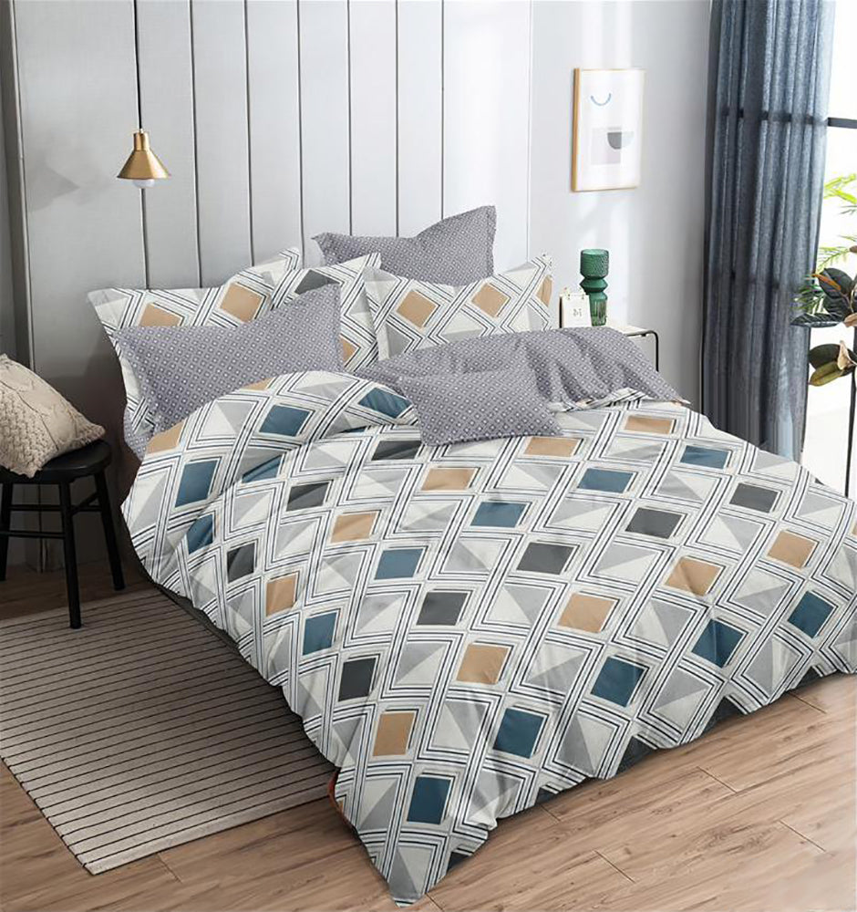 Lenjerie de pat matrimonial cu husa de perna dreptunghiulara, Atawn, bumbac mercerizat, multicolor, 4 piese