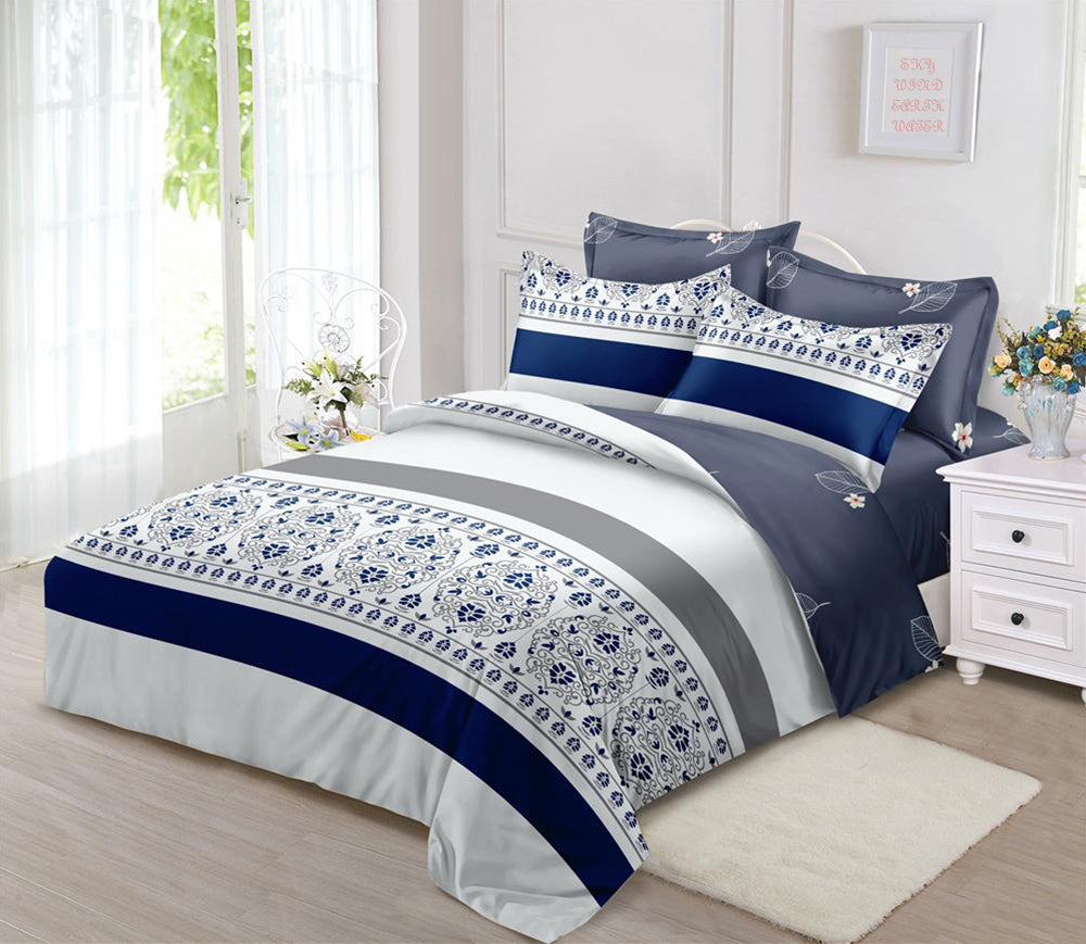 Lenjerie de pat matrimonial cu husa de perna dreptunghiulara, Abdera, bumbac mercerizat, multicolor, 4 piese