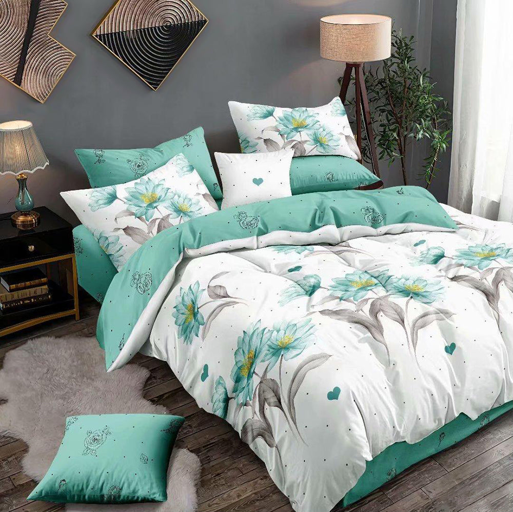 Lenjerie de pat matrimonial cu husa de perna dreptunghiulara, Capri, bumbac mercerizat, multicolor, 4 piese