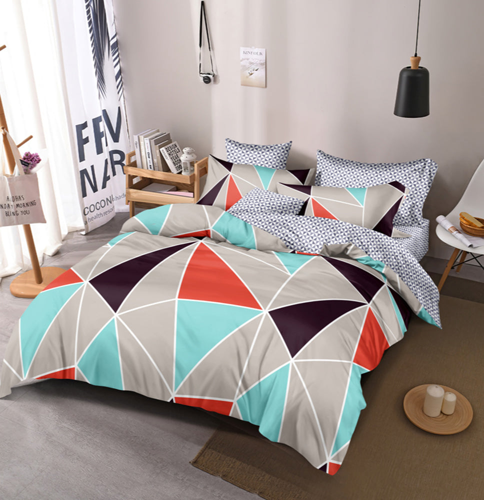 Lenjerie de pat pentru o persoana cu husa elastic pat si fata perna patrata, Lamia, bumbac mercerizat, multicolor, 3 piese