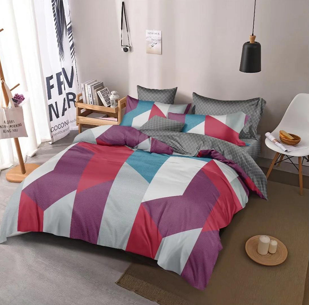 Lenjerie de pat pentru o persoana cu husa de perna patrata, Methone, bumbac mercerizat, multicolor, 3 piese