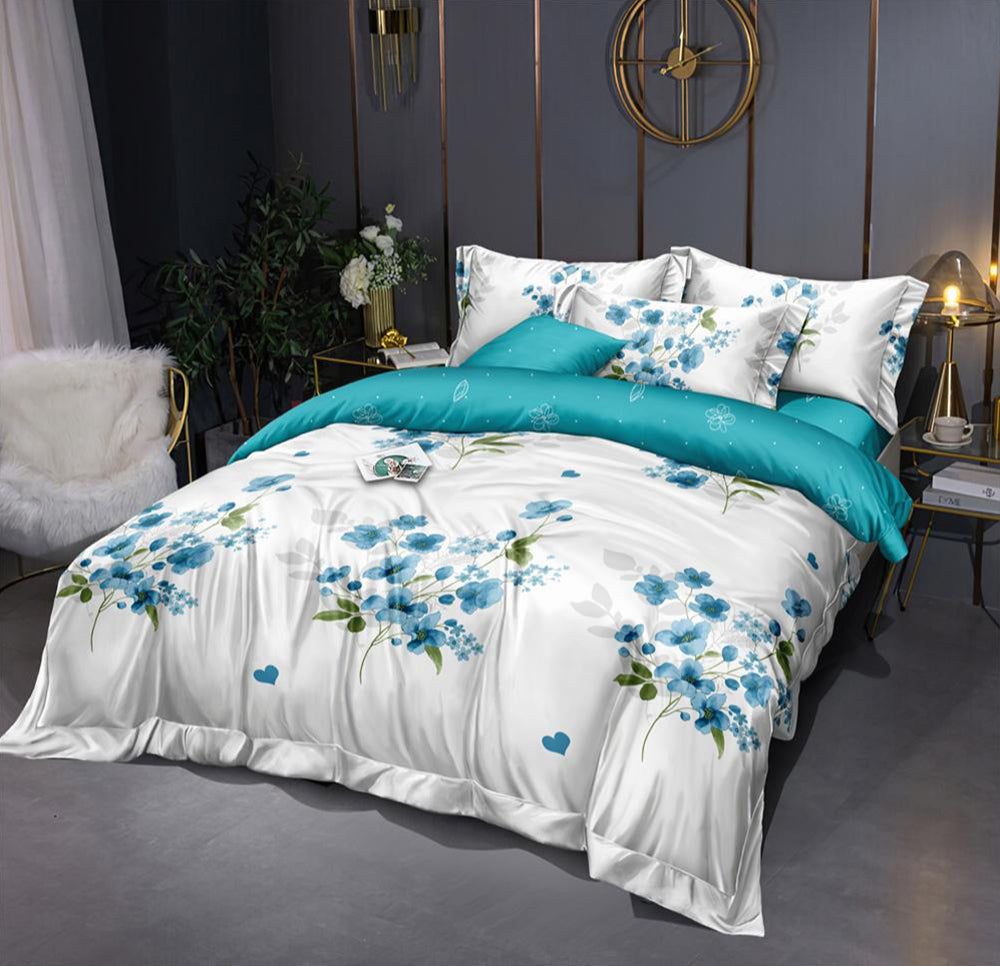 Lenjerie de pat matrimonial cu husa de perna dreptunghiulara, Ailisa, bumbac mercerizat, multicolor, 4 piese