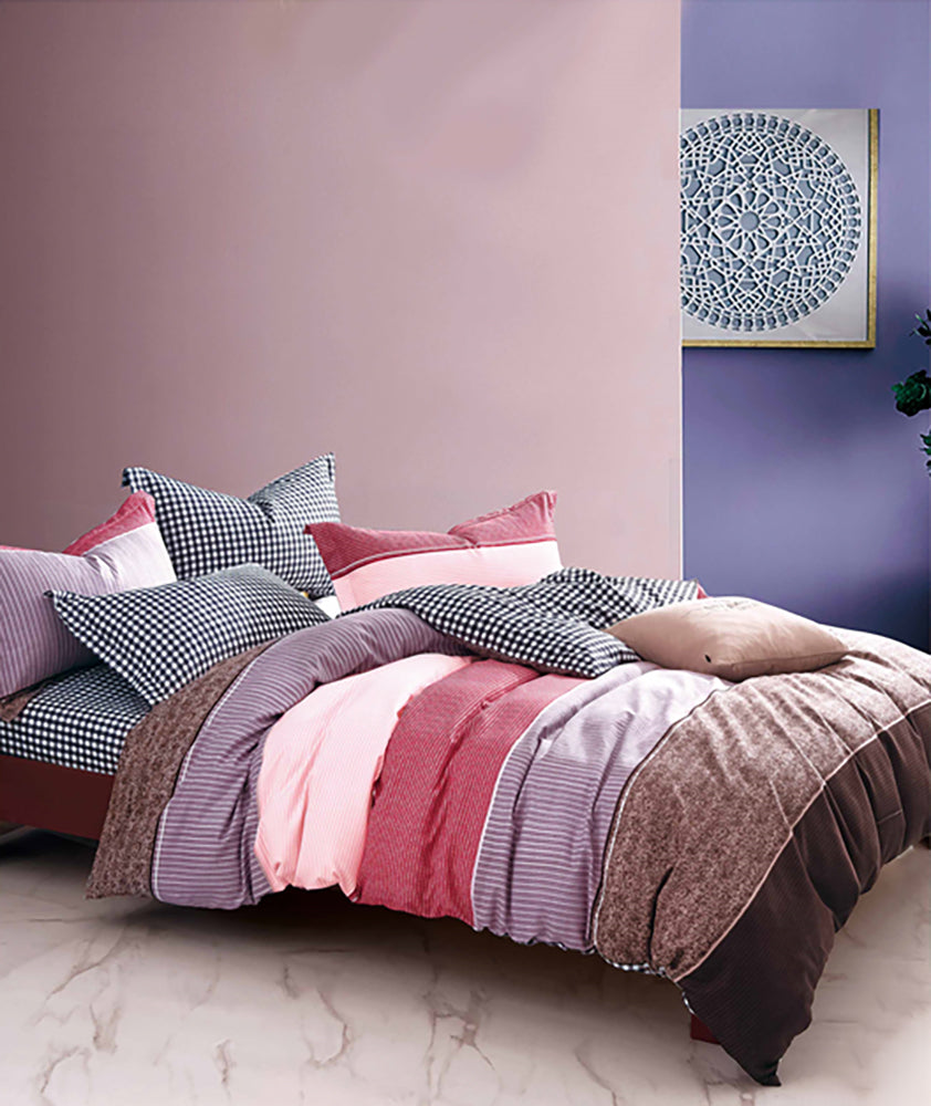 Lenjerie de pat pentru o persoana cu husa elastic pat si fata perna patrata, Zdenka, bumbac mercerizat, multicolor, 3 piese