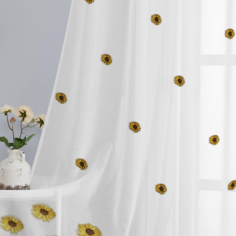 Set perdea in cu broderie motiv floarea-soarelui si rejansa din bumbac tip fagure, Dagny, Alb, 2 buc