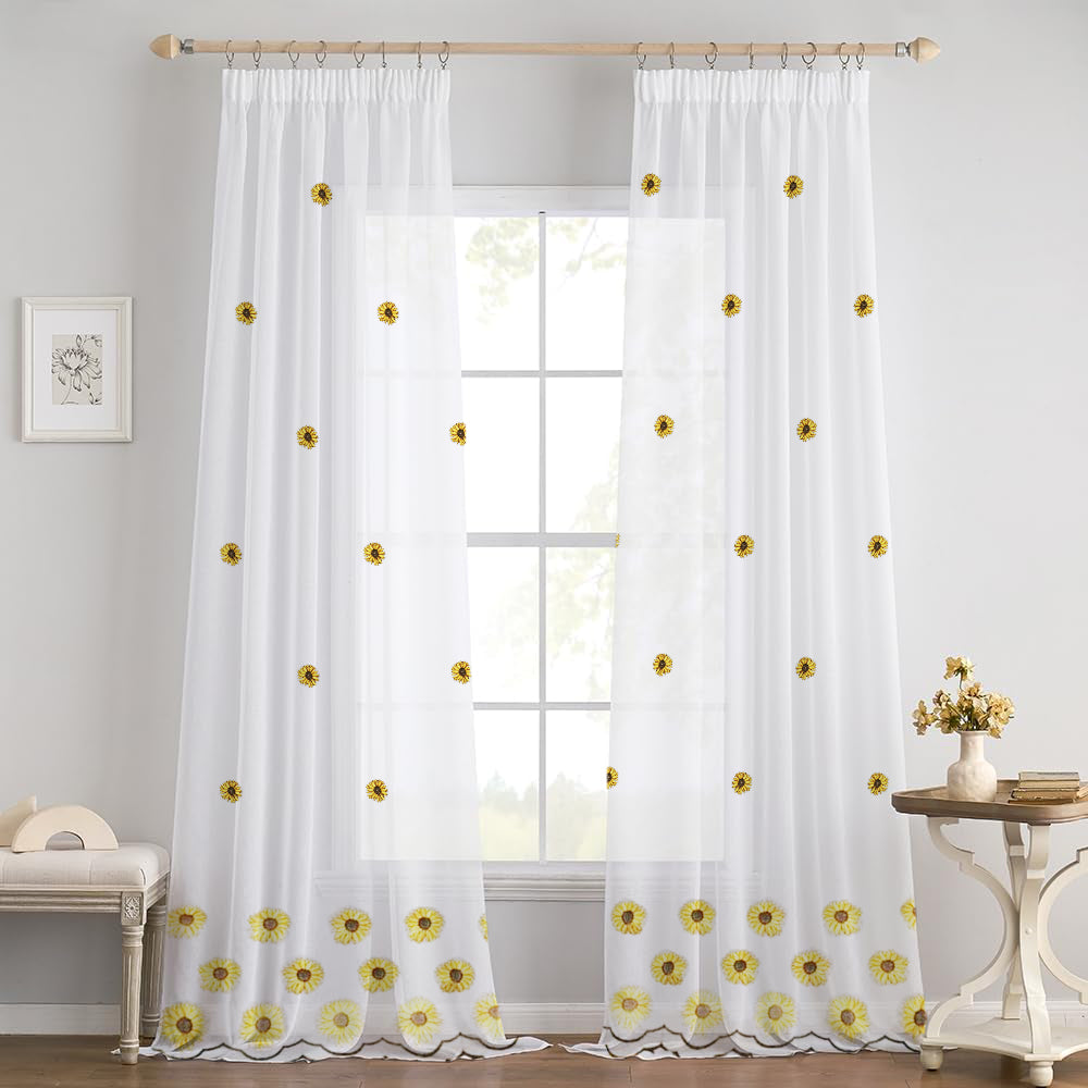 Perdea in cu broderie motiv floarea-soarelui si rejansa tip creion, Dagny, Alb