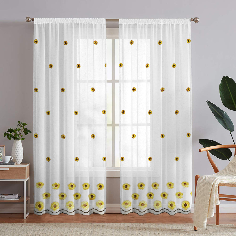 Set perdea in cu broderie motiv floarea-soarelui si rejansa din bumbac tip fagure, Dagny, Alb, 2 buc