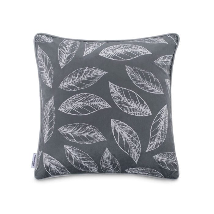 Perna decorativa din catifea cu motiv frunze, Calm, Gri
